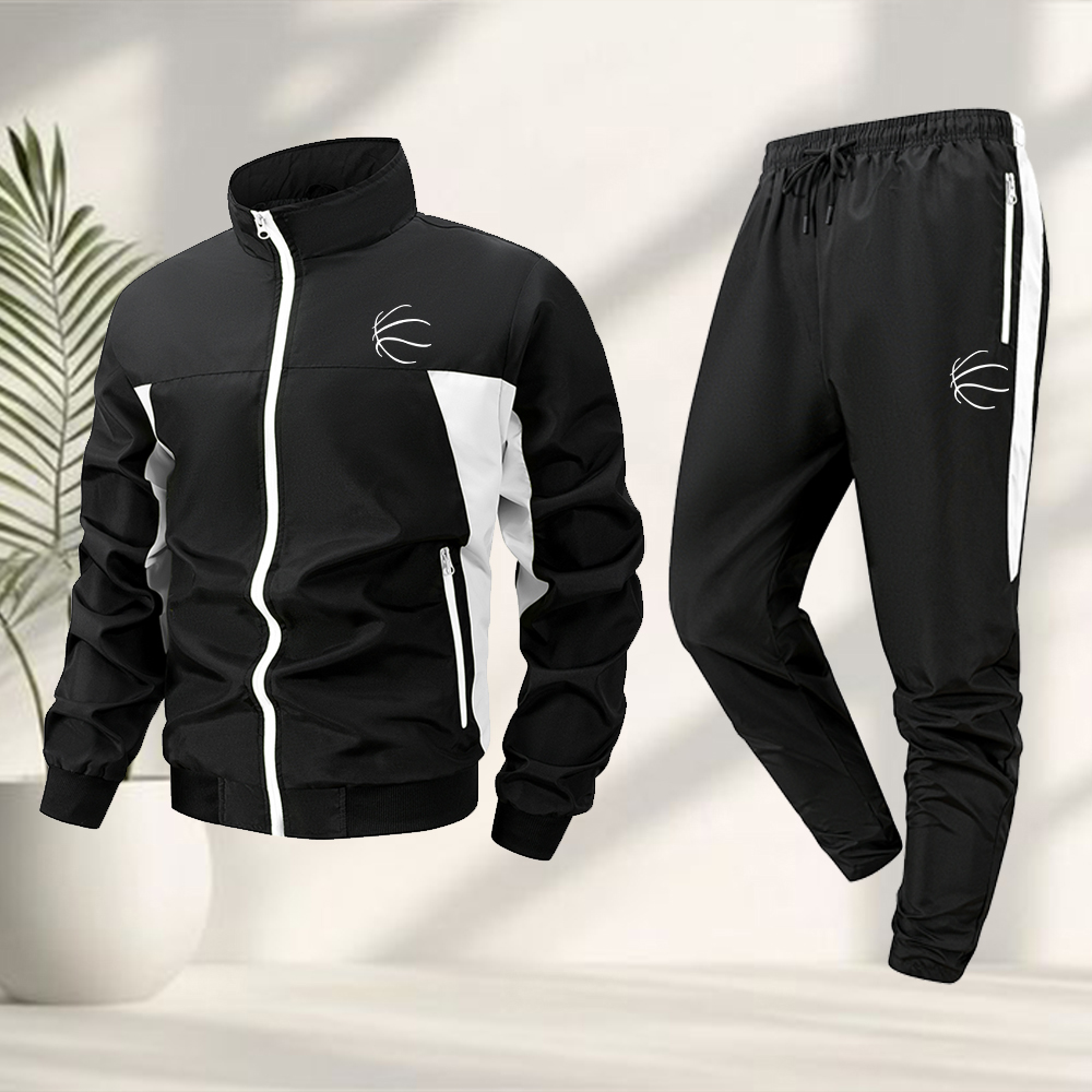 Cycling Commute Jacket - ชุดกีฬาลำลองลายทางบาสเก็ตบอลสำหรับผู้ชาย เสื้อแจ็คเก็ตมีซิปพร้อมกางเกงขายาว ชุดออกกำลังกายฤดูร้อน ชุดปั่นจักรยาน ชุดเดินทางกลางแจ้ง